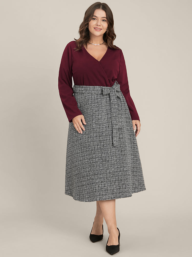 Plaid Patchwork Surplice Neck Belted Tweed Dress