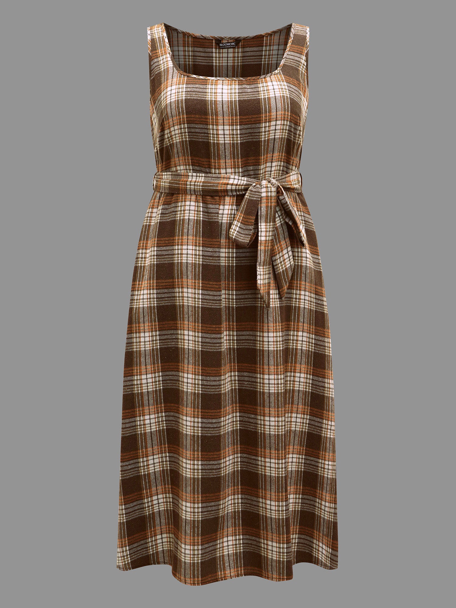 Square Neck Plaid Belted Dress