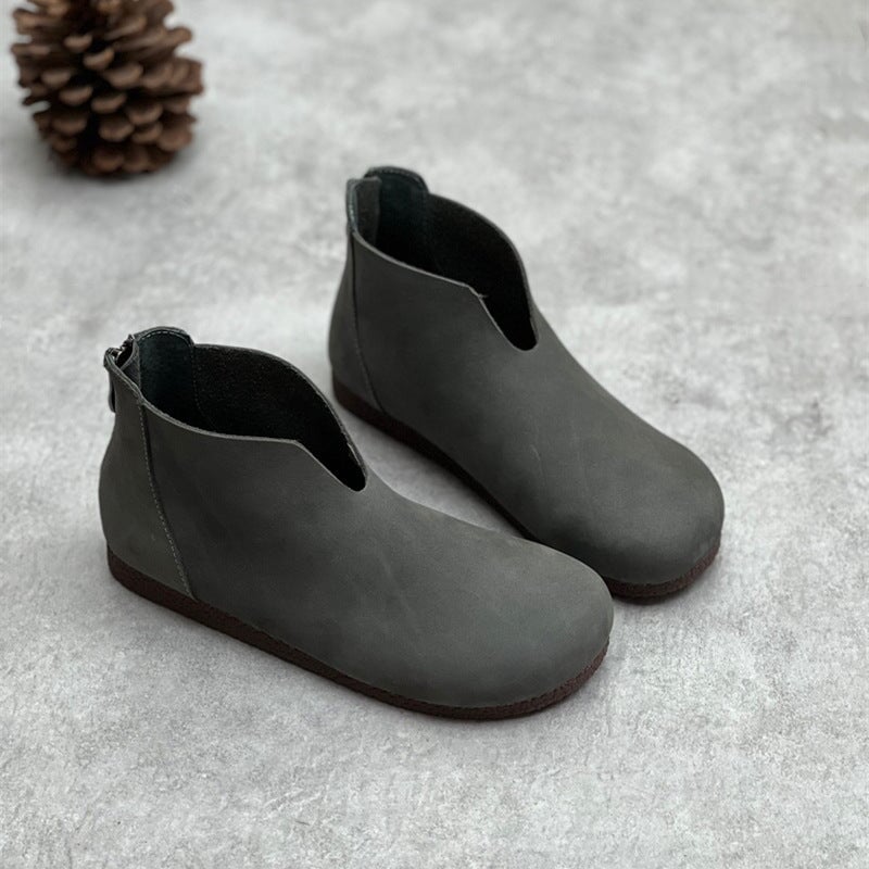 Zero Drop Soft Leather Barefoot Ankle Boots For Women Back Zip In Coffee/Grey