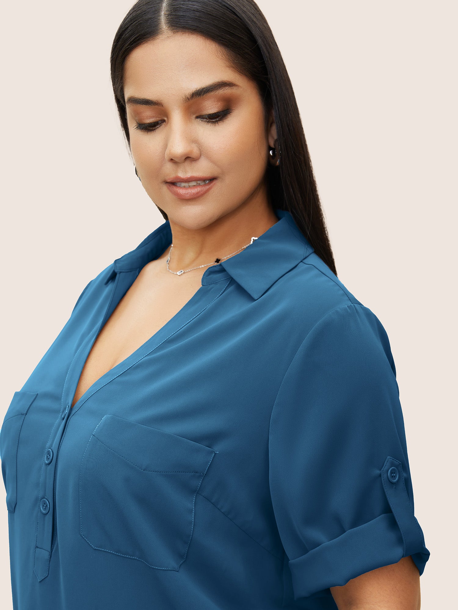 Anti-Wrinkle Shirt Collar Patched Pocket Tab Sleeve Blouse