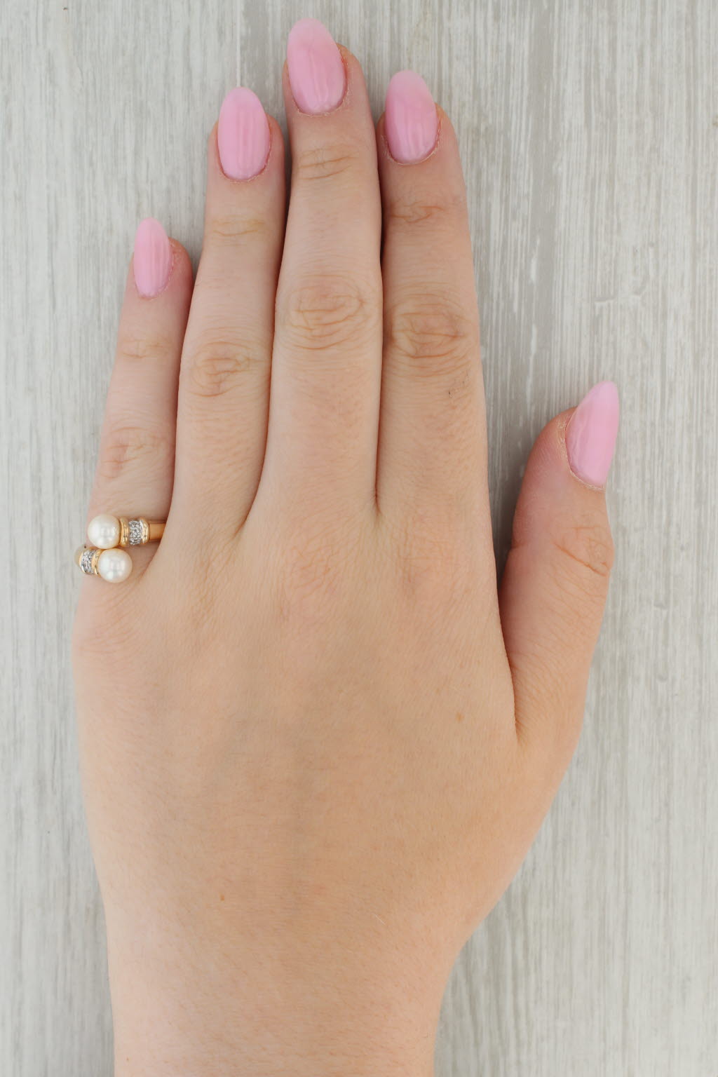 Cultured Pearl Diamond Bypass Ring 14k Yellow Gold Size 7