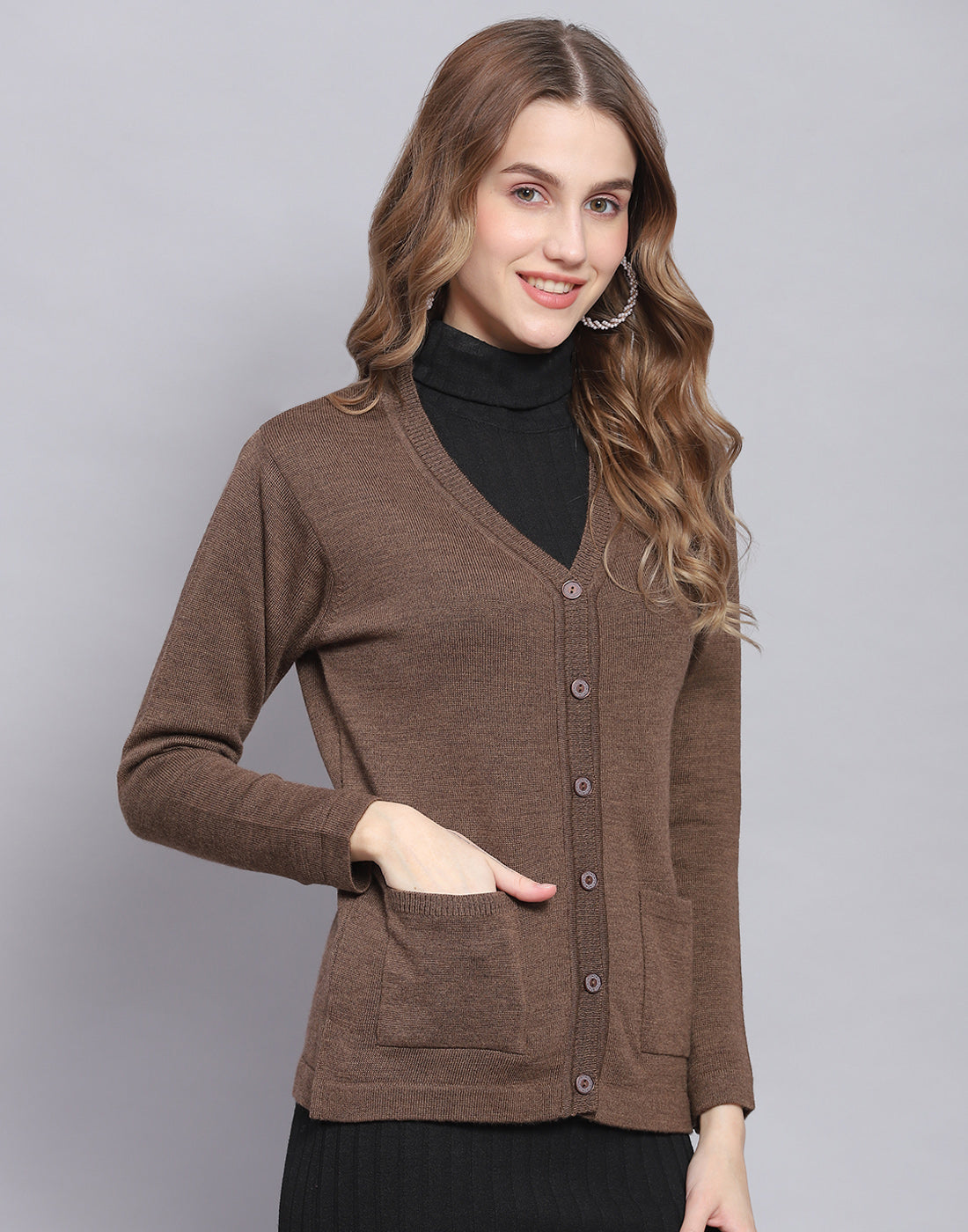 Women Brown Solid V Neck Full Sleeve Cardigan