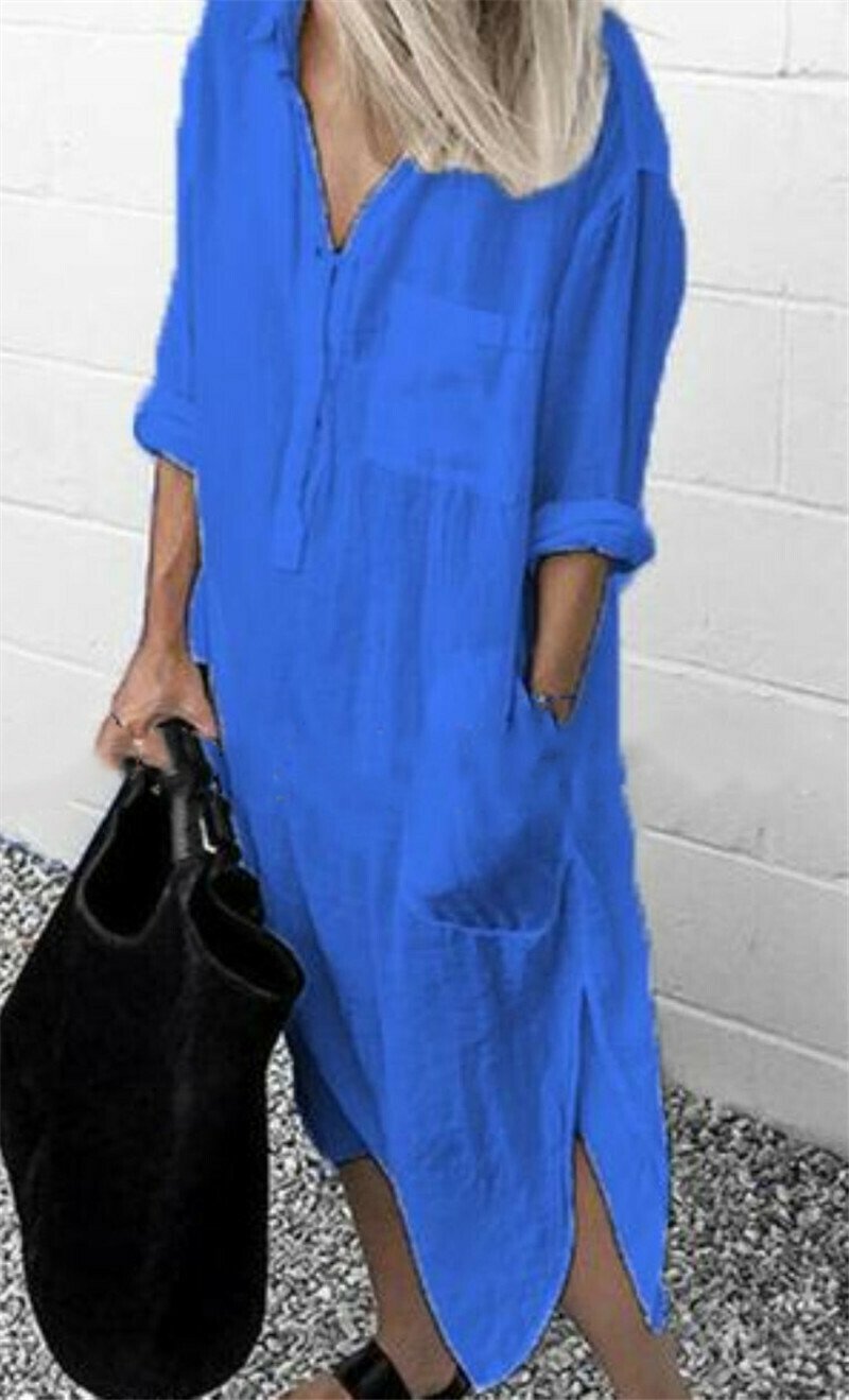 Solid Color Turn-down Collar Slit Long Shirt Dress