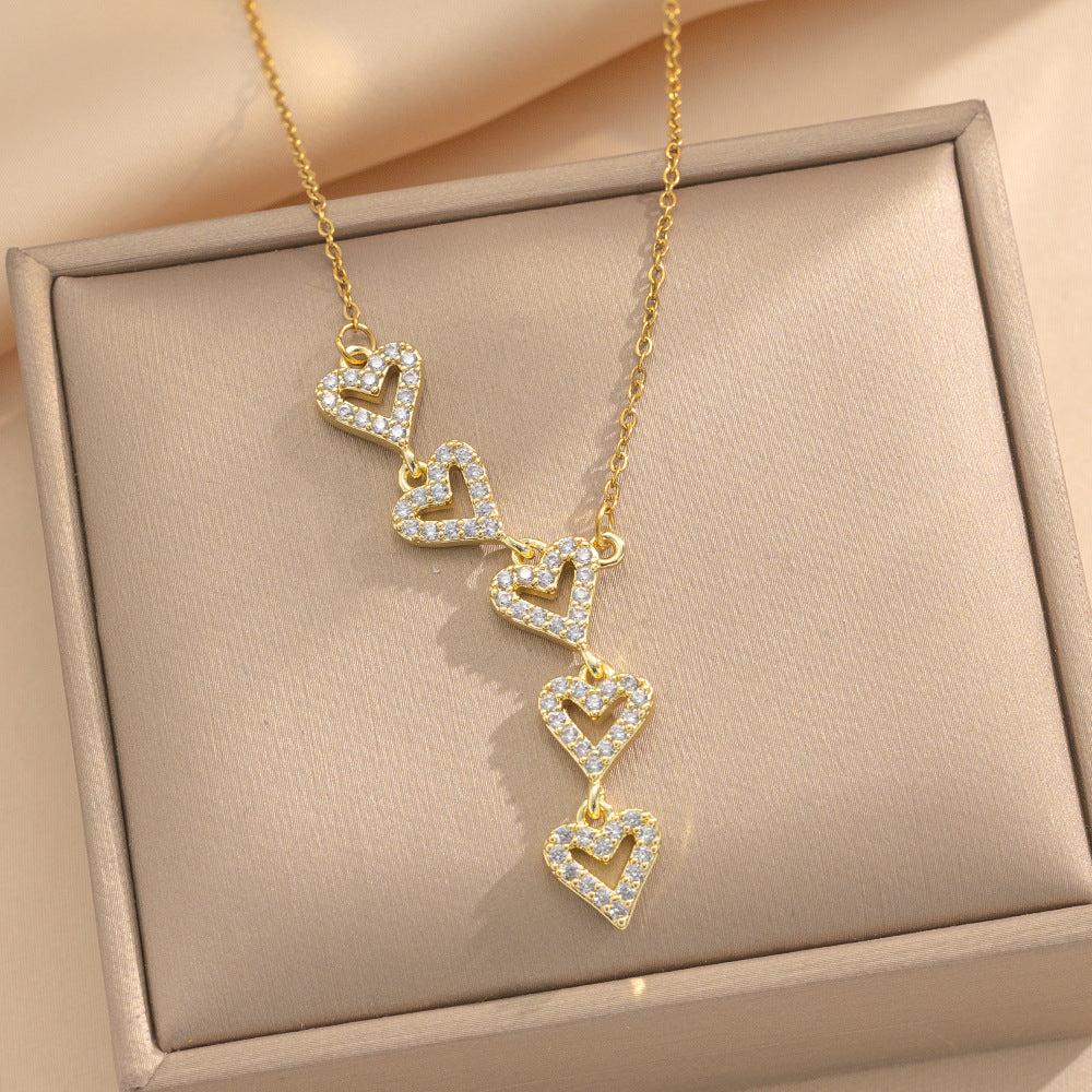 Tassel Heart Full Diamond Titanium Steel Necklace For Women Fresh And Sweet Style Five Heart Clavicle Chain