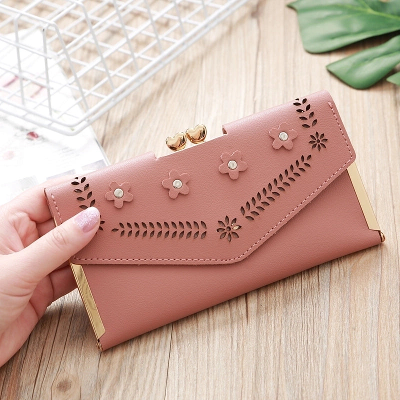 Korean Hollow Flower Long Clutch Bag