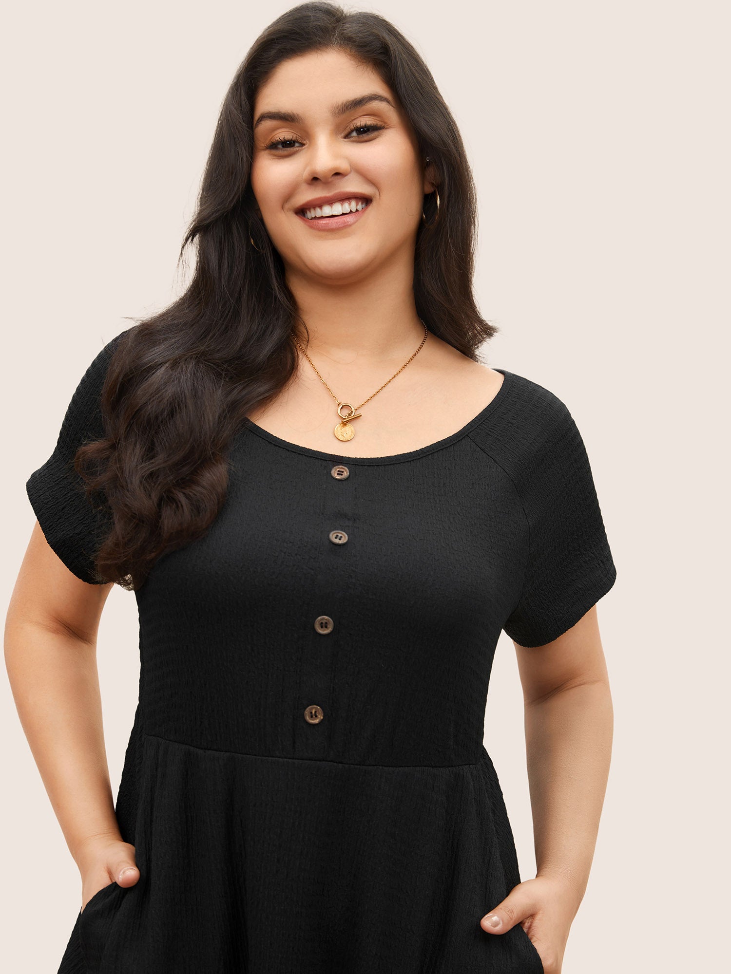 Boat Neck Raglan Sleeve Button Detail Dress