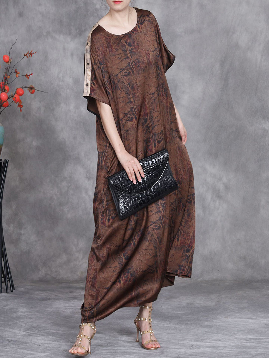 Women Summer Vintage Print O-Neck Silk Loose Dress