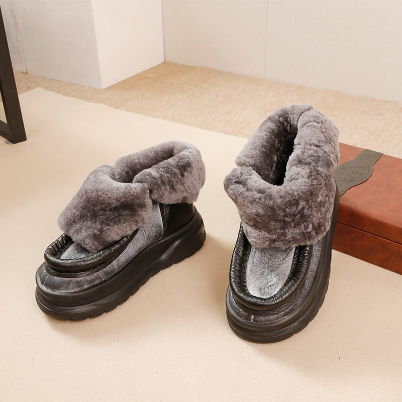 Soft Leather Warm Slip-On Ankle Boots Fleece Lined Platform Ankle Boots in Black&Gray