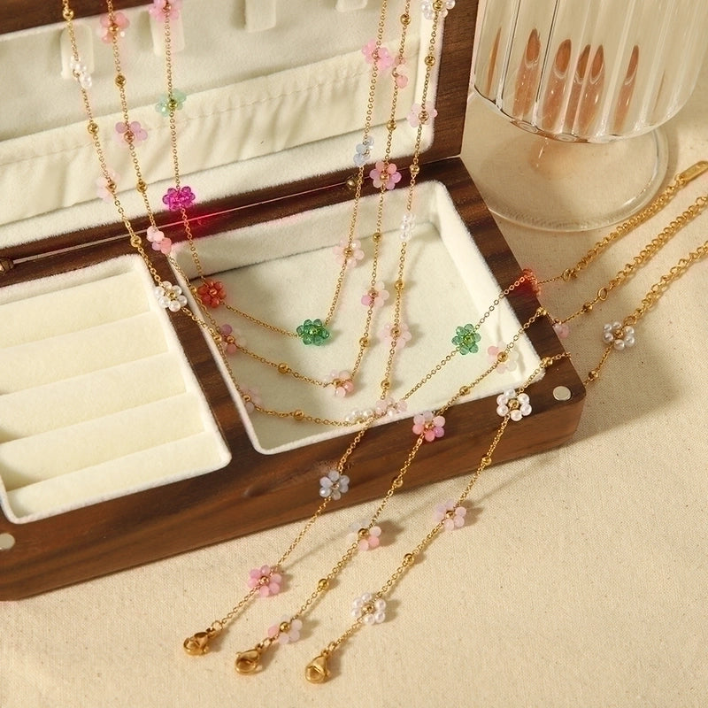 Stainless Steel 18K Gold Plated Minimalist Polishing Plating Flower Bracelets Anklet Necklace