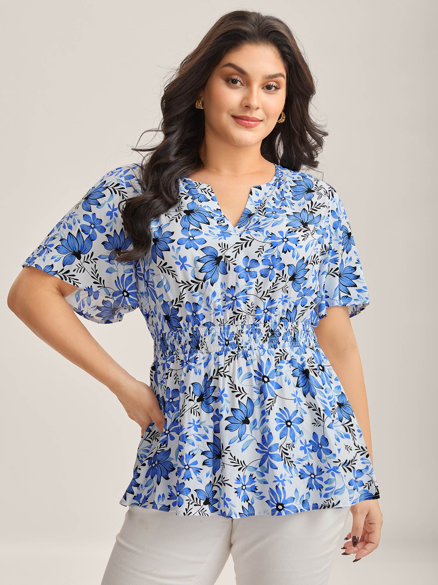 Floral Notched Collar Shirred Waist Blouse