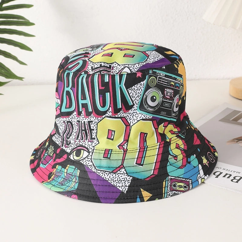 Unisex Casual Retro Artistic Letter Color Block Printing Curved Eaves Bucket Hat