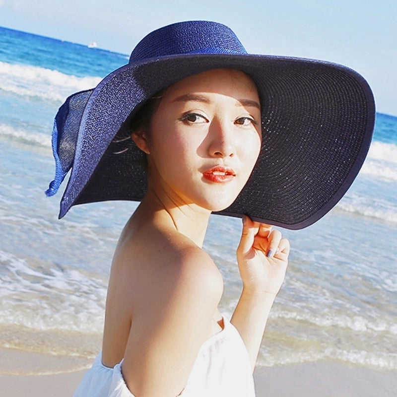 Women's Basic Solid Color Bowknot Flat Eaves Sun Hat