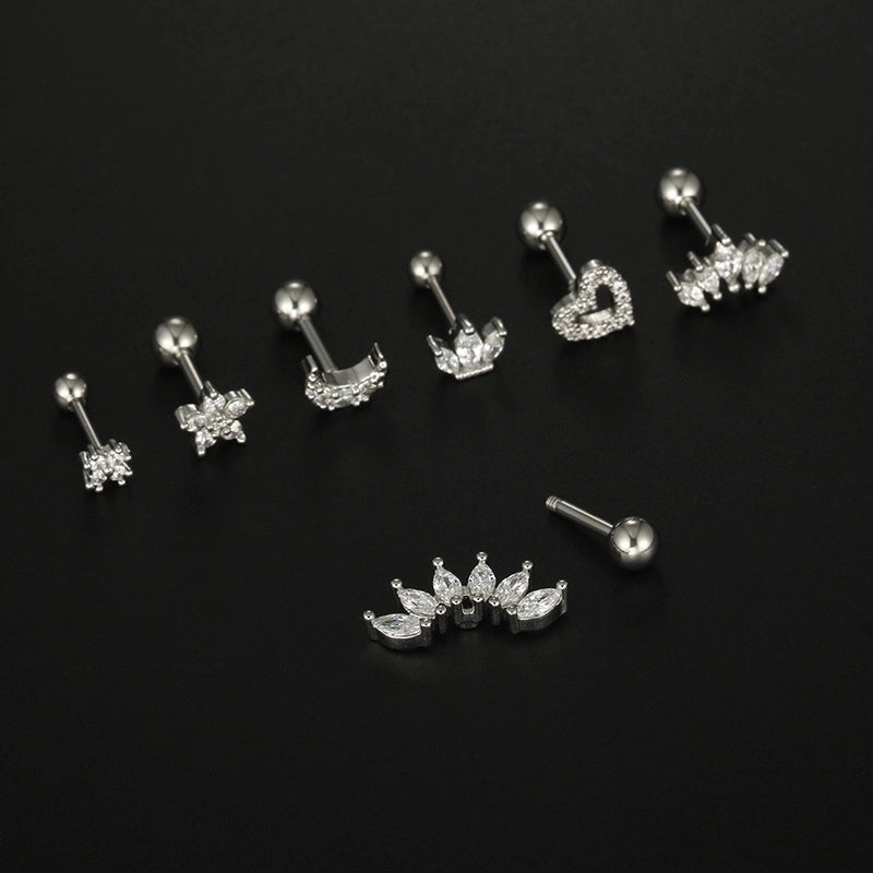 1 Piece Minimalist Moon Heart Shape Flower Plating Inlay 316L Stainless Steel  Zircon Stainless Steel Earrings