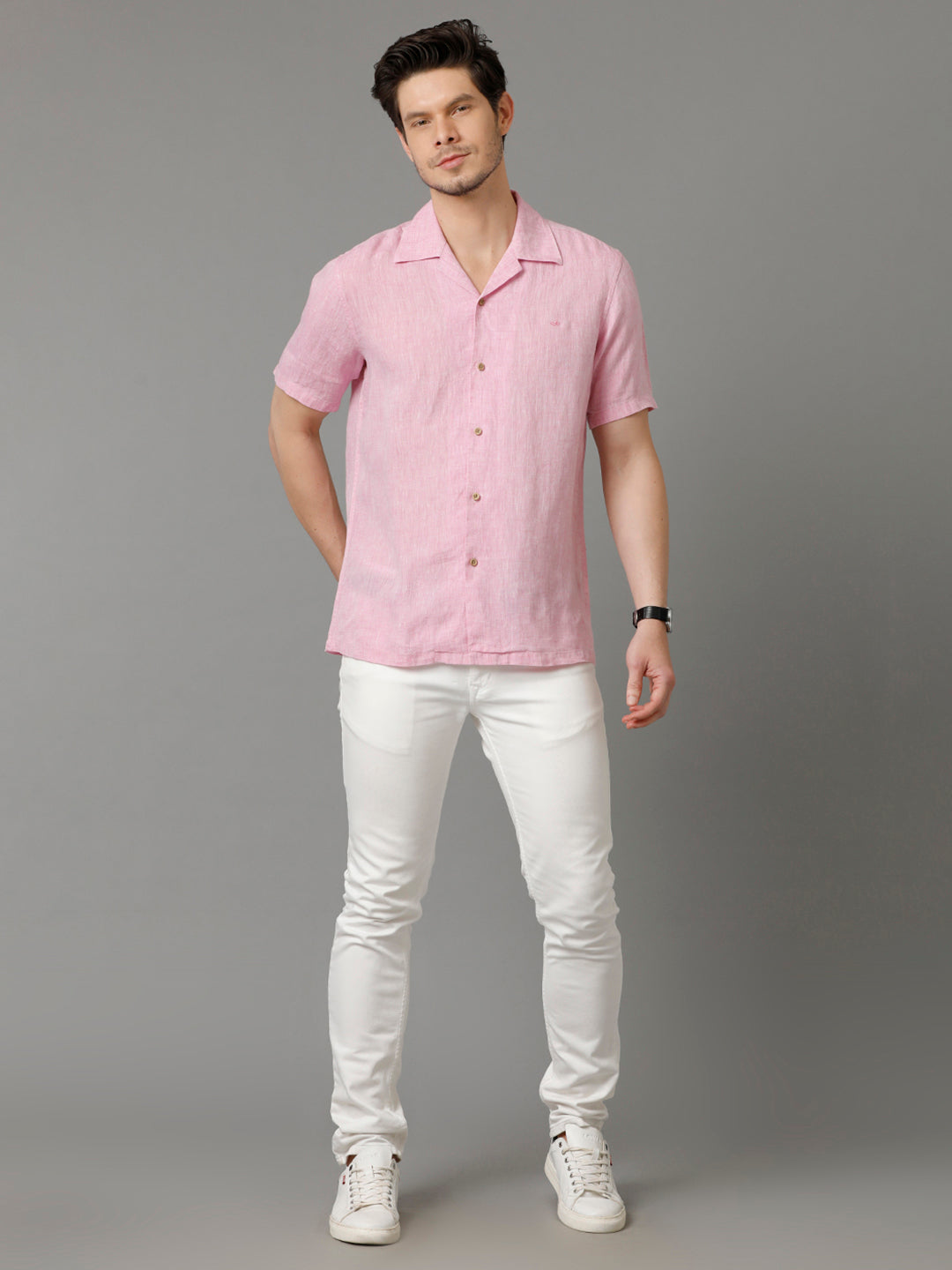 Mens Regular Fit Solid Pink Casual Linen Shirt (LUCA)