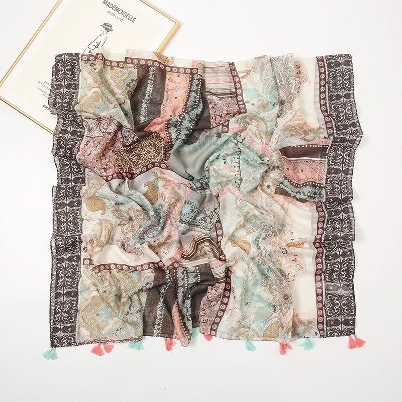 Women'S Sweet Flower Cotton And Linen Tassel Scarf
