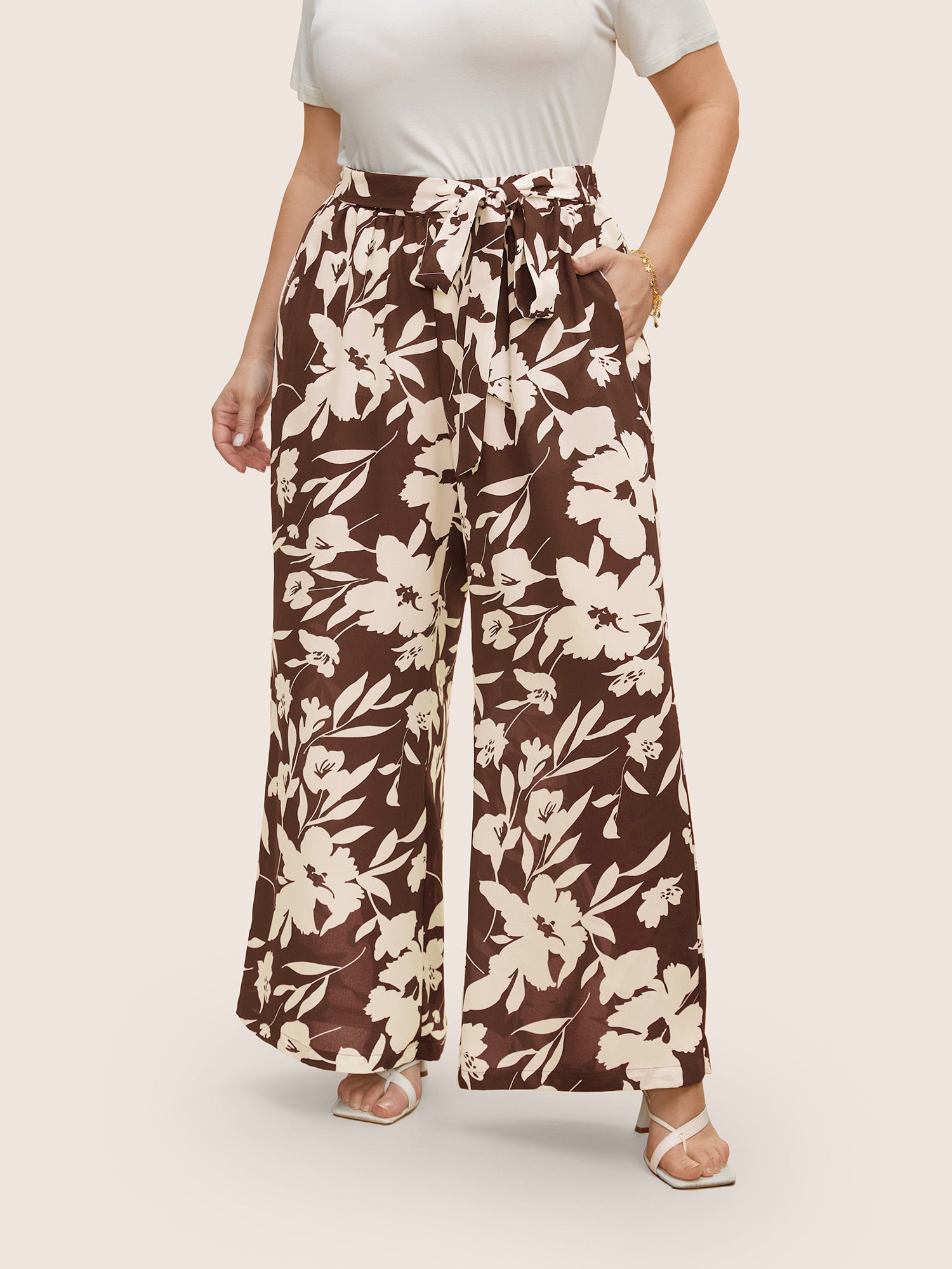 Silhouette Floral Print Ties Side Seam Pocket Pants