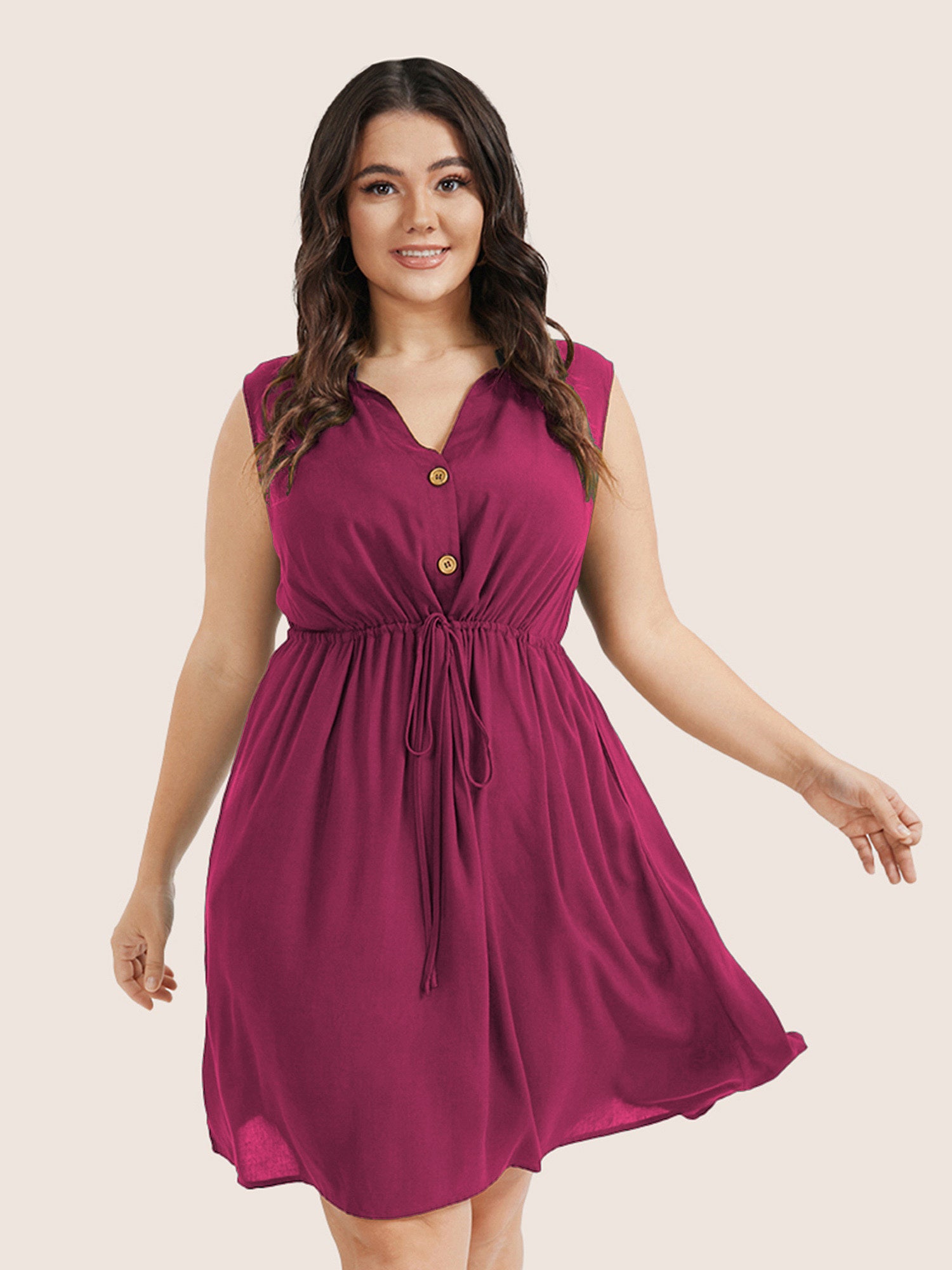 Plain Ties Front Button Pocket V Neck Dress