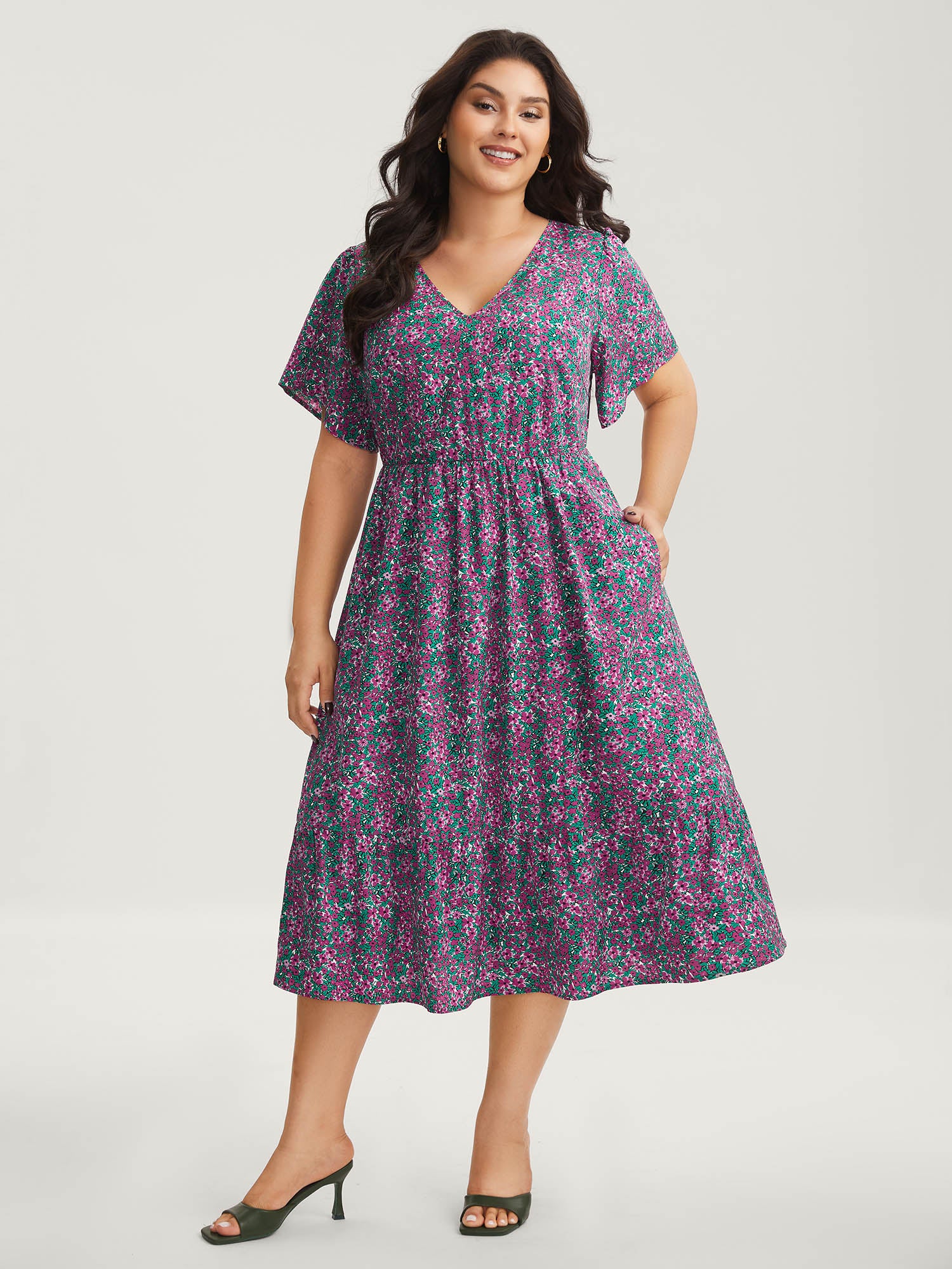 Floral Print V-Neck Tiered Midi Dress