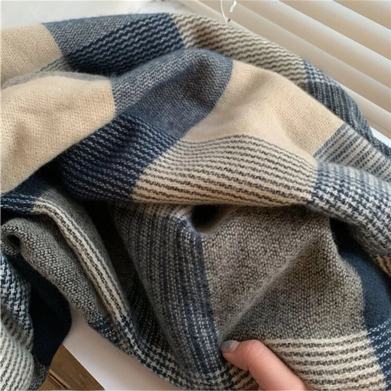 Winter Blue Plaid Scarf Women's Dual-use Shawl British Classic Cashmere Extra-large Warm Neck