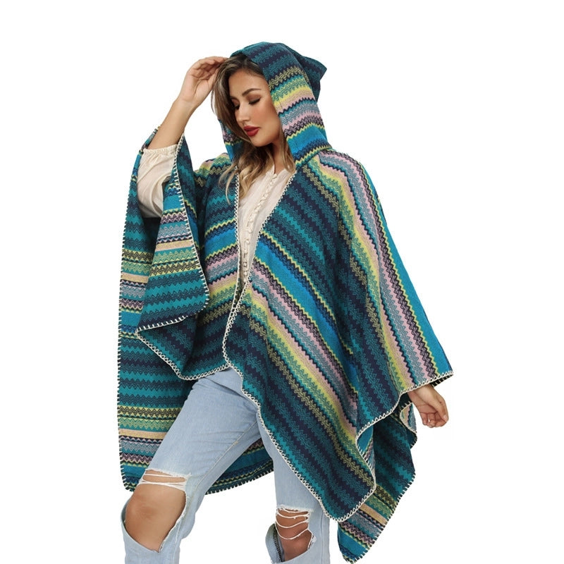 Thick Hat Cape Shawl Autumn And Winter Warm Striped Knitted Shawl Woven Split Cape For Women