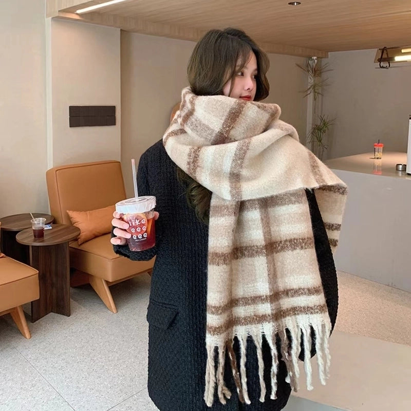 Mohair Plaid Scarf Women's Winter  Versatile Tassel Student Long Thickened Warm Scarf Large Shawl Fashion