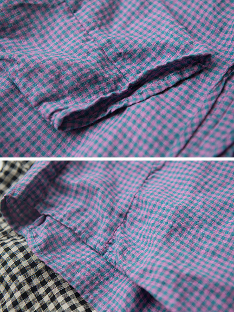 Women Summer Retro Plaid 100%Linen V-Neck Shirt