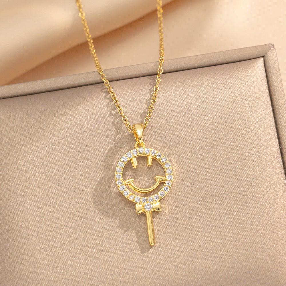 Titanium Steel Lollipop Smiley Face Necklace For Women Summer Fashion Design Versatile Zircon Clavicle Necklace