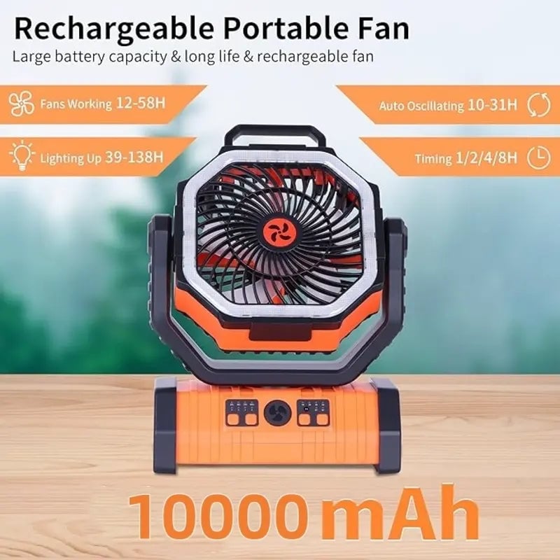 10000mAh Rechargeable Portable Camping Fan with LED Light