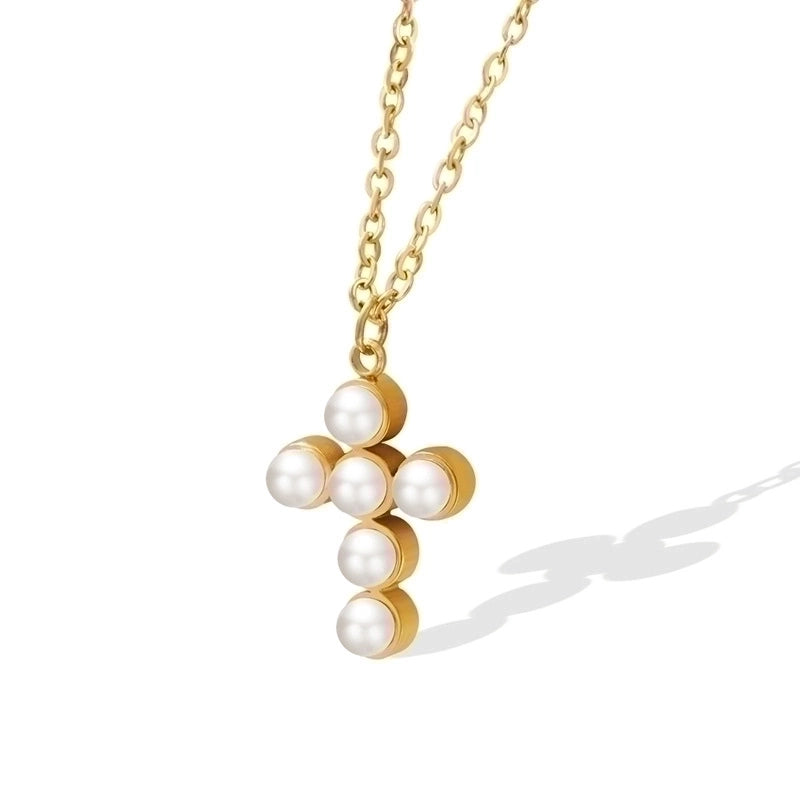 Minimalist Cross 304 Stainless Steel Artificial Pearls 18K Gold Plated Plating Inlay Pendant Necklace