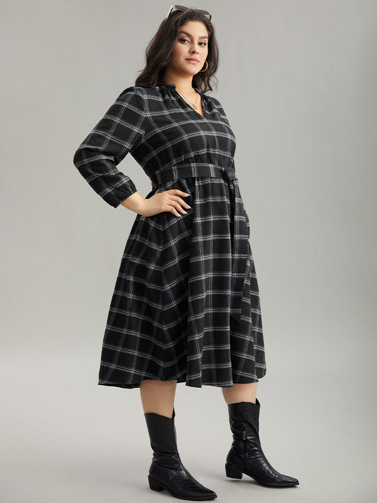 Plaid Notched Elastic Waist Belted Dress