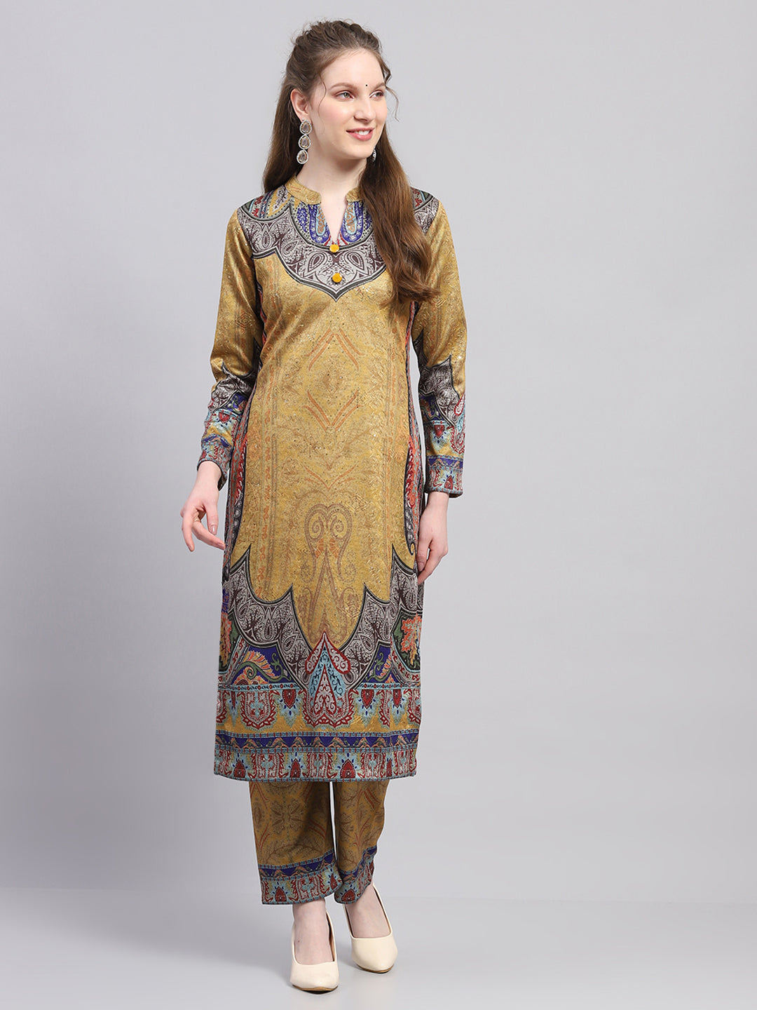 Women Yellow Printed Round Neck Full Sleeve Kurti Set for Winter