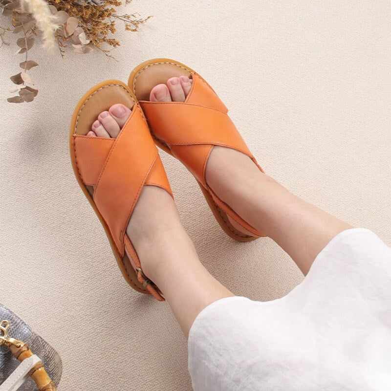 Handmade Leather Peep Toe Sandals For Women X Strap in Orange/Black/Beige