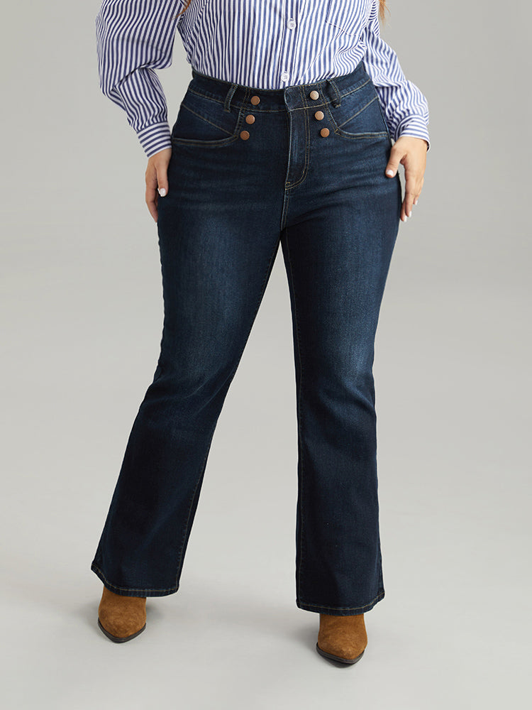 Flare Leg Button Detail High Rise Jeans