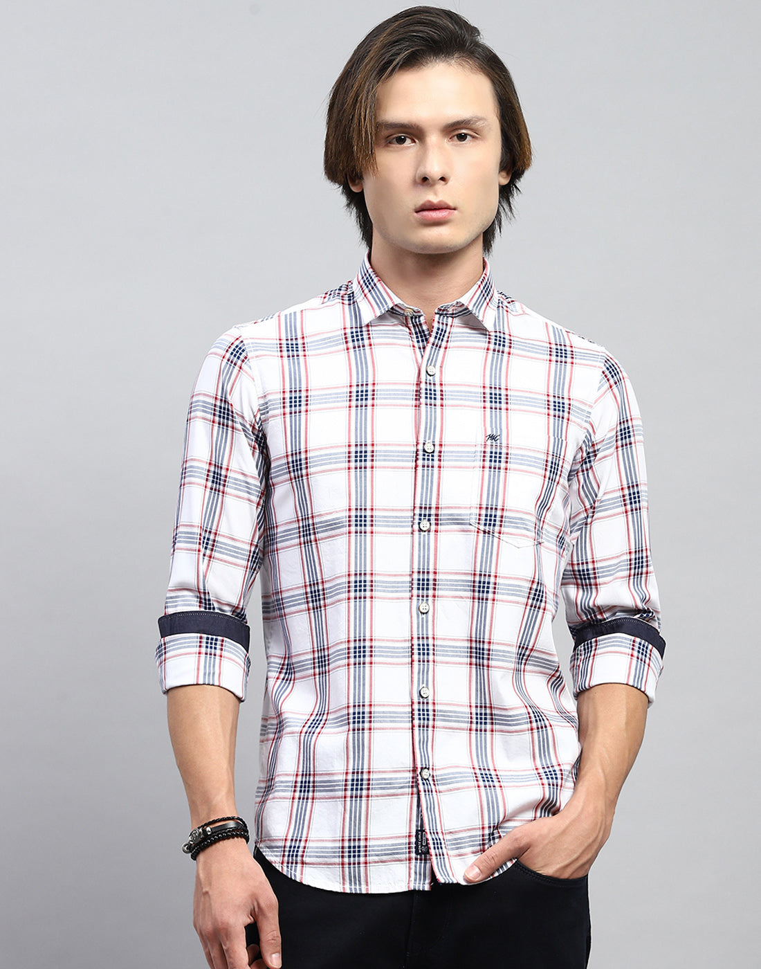 Men White Check Collar Full Sleeve Shirt