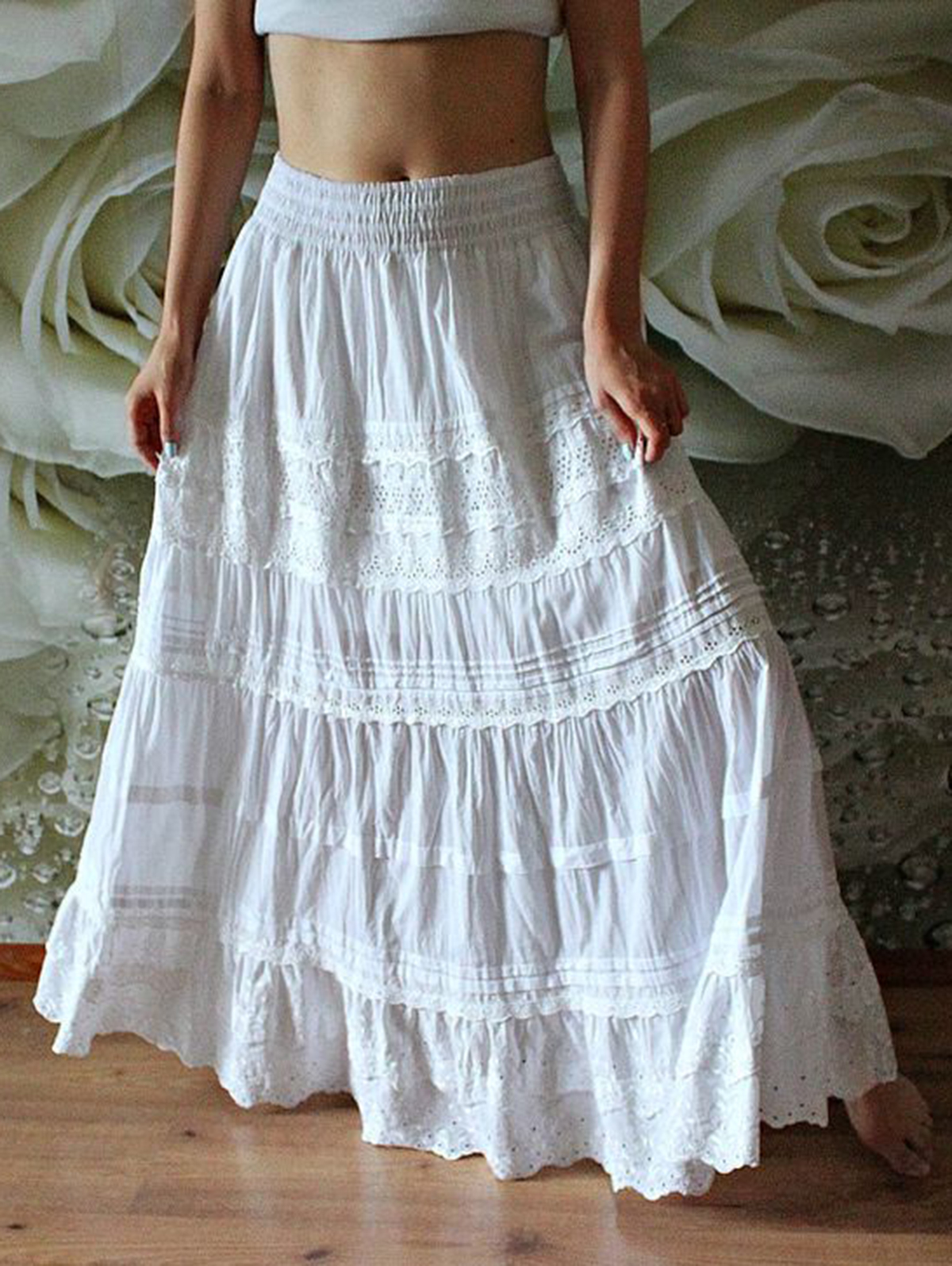 Elegant Guipure Lace Patchwork Elastic Waist Maxi Skirt