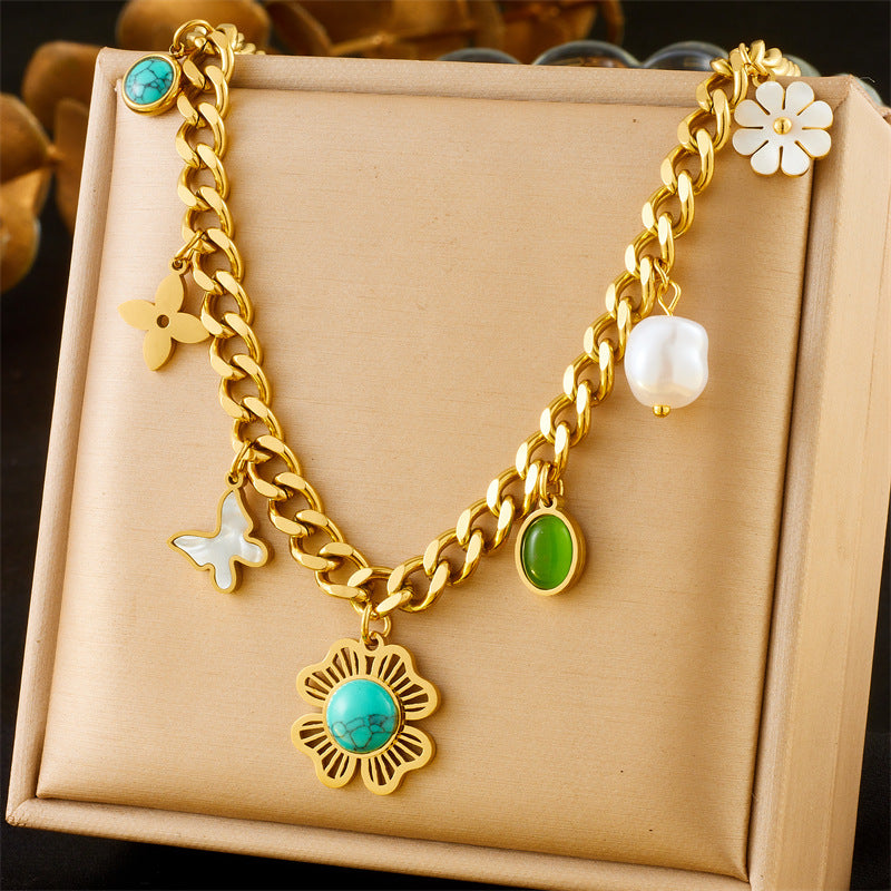 Fashion Colorful Dopamine Oil Drop Rainbow Flower Accessories Pendant Eye Butterfly Chain Stainless Steel Necklace