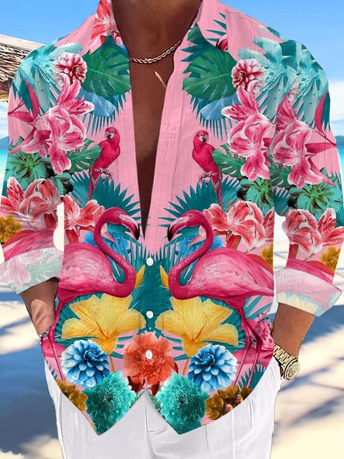 Men's Casual Hawaiian Coconut Flamingo Lapel Shirt