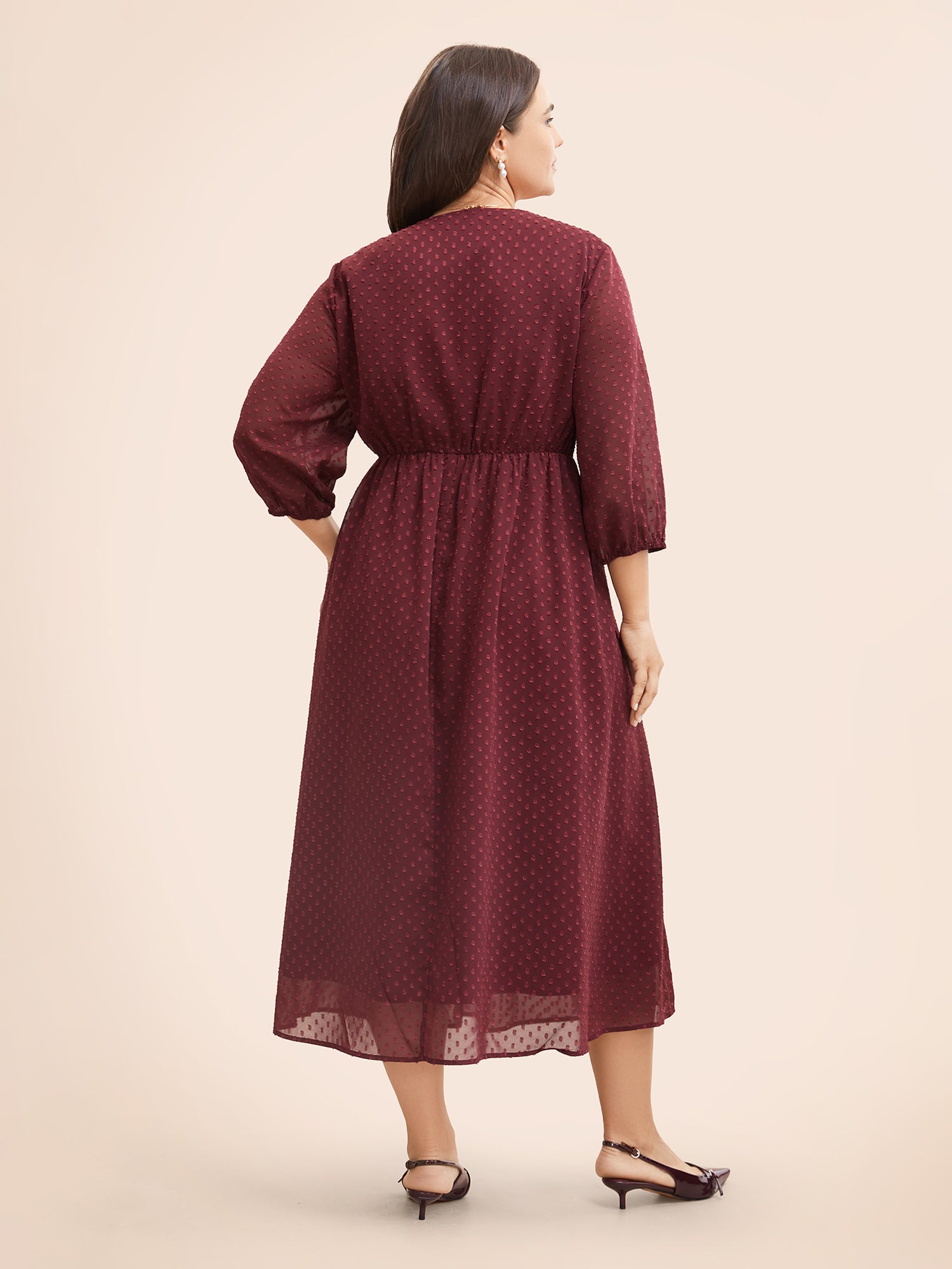 Plain Textured Ruched Lantern Sleeve Dress