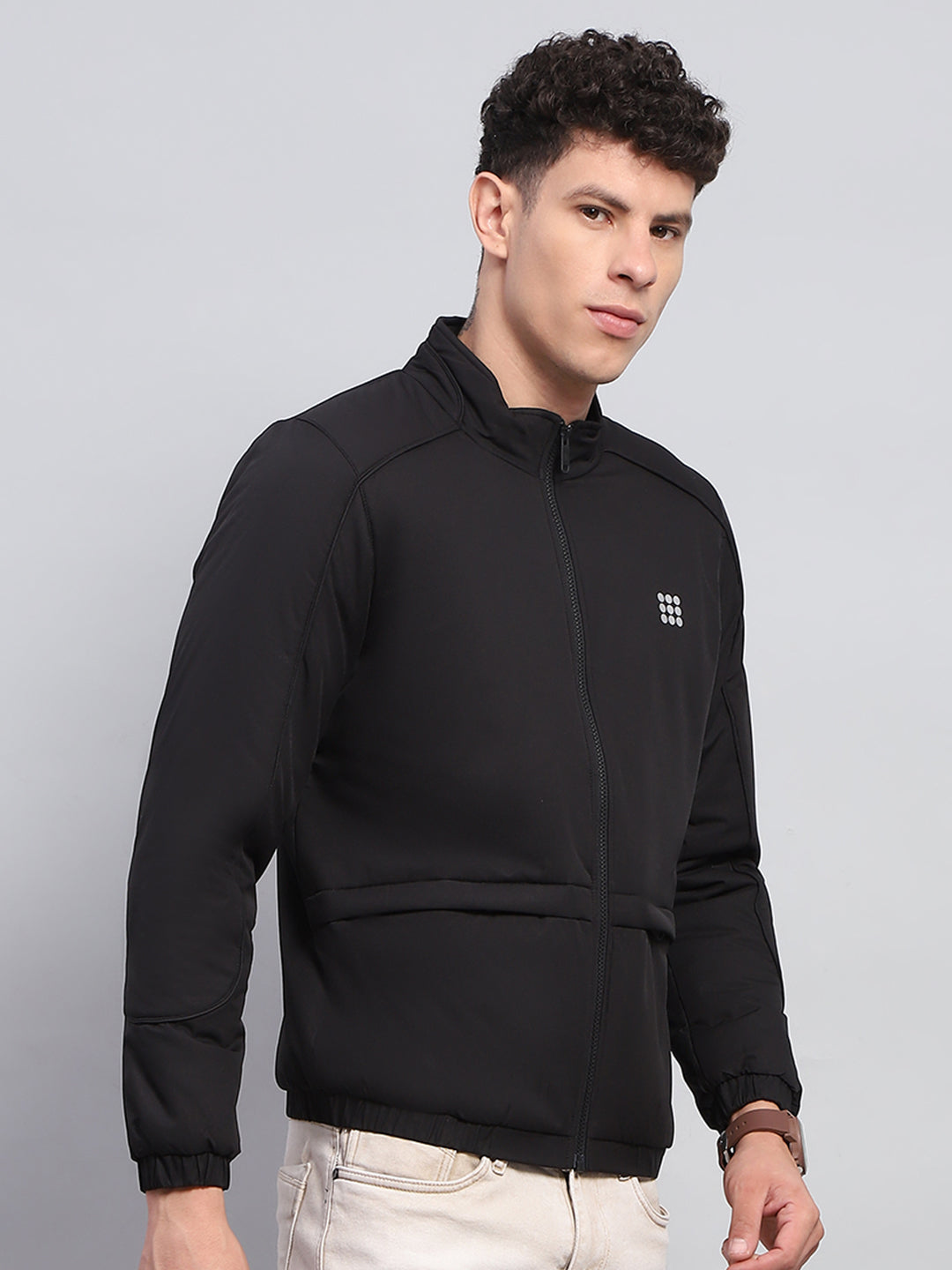 Men Black Solid Mock Neck Full Sleeve Jacket