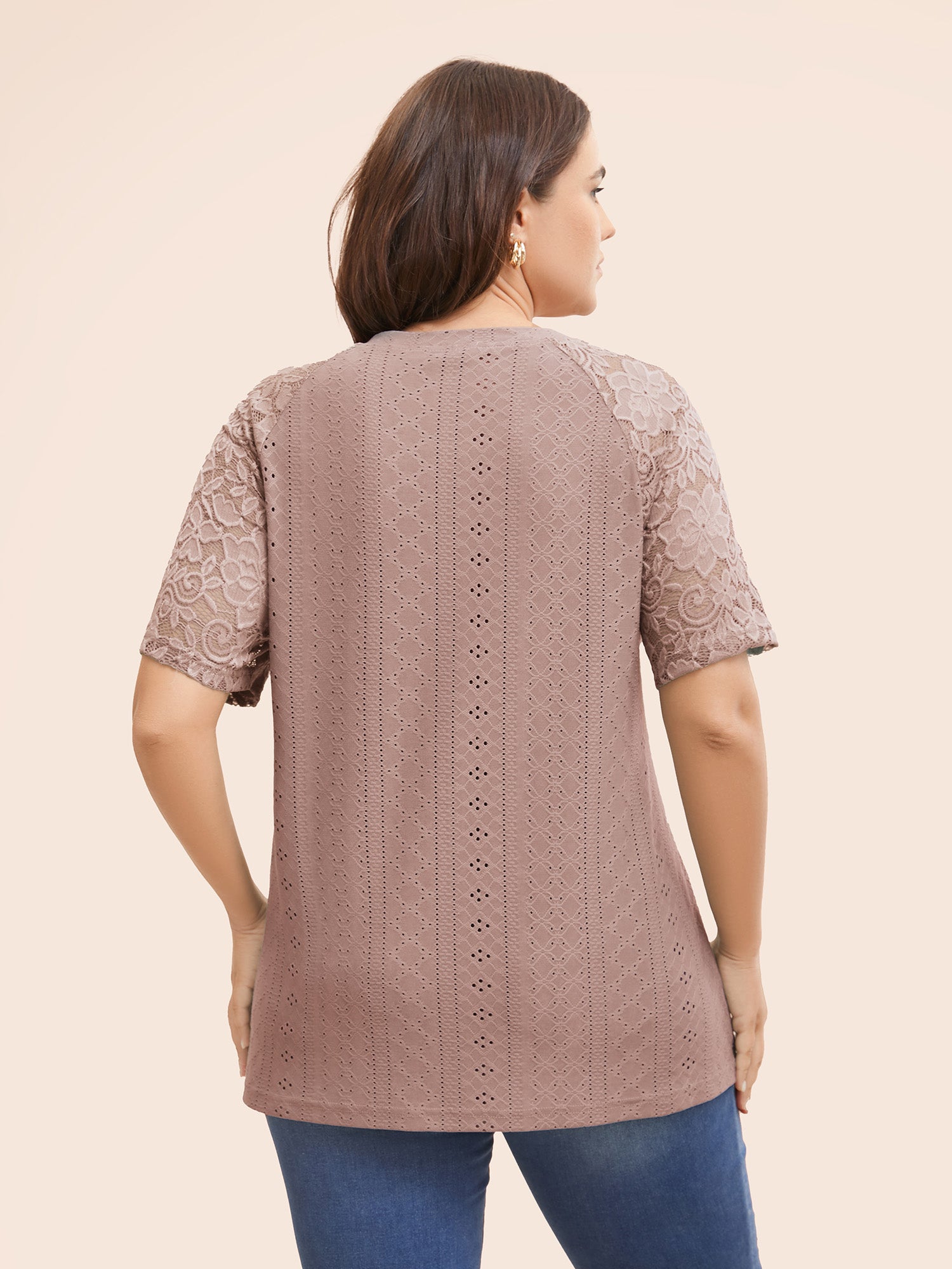 Solid Broderie Anglaise Lace Raglan Sleeve T-shirt