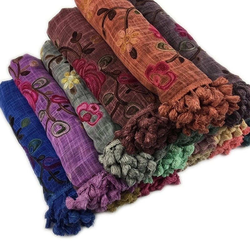 Women's Minimalist Leaves Solid Color Flower Cotton And Linen Embroidery Tassel Scarf Shawl