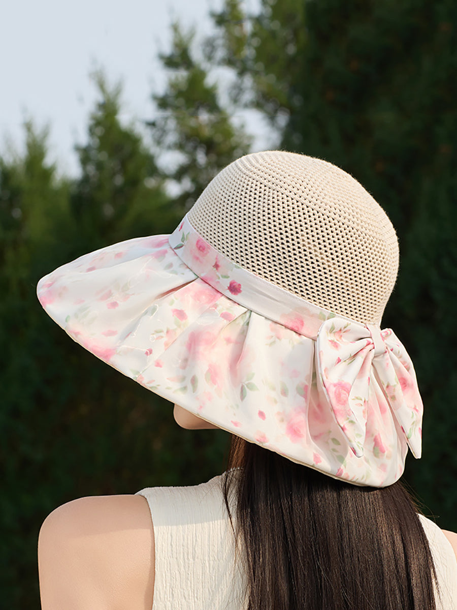 Women Summer Flower Spliced Bowknot Sunproof Hat