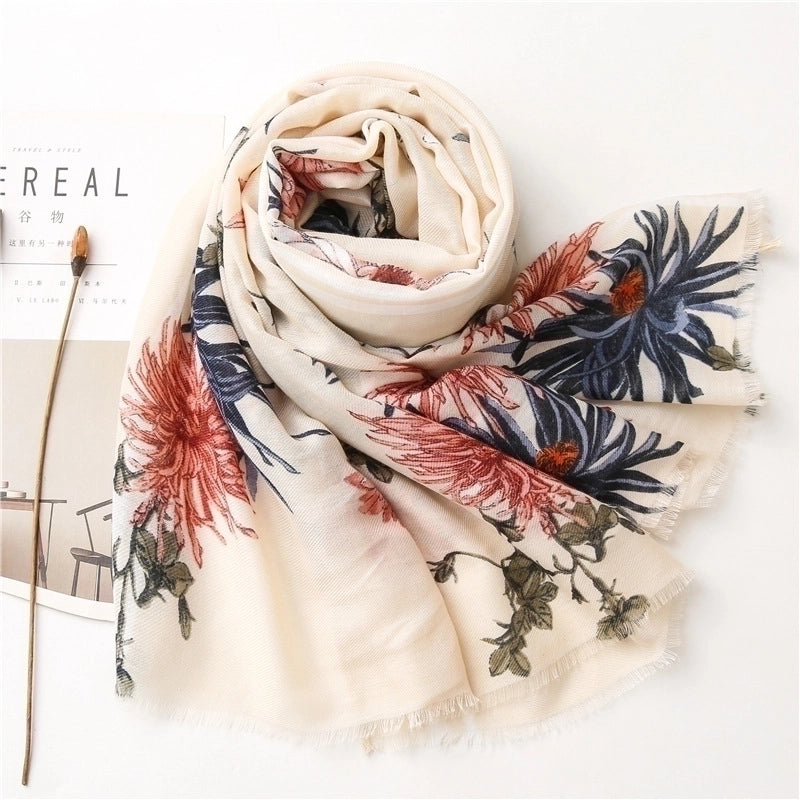 New Cotton Linen Flower Silk Long Scarf