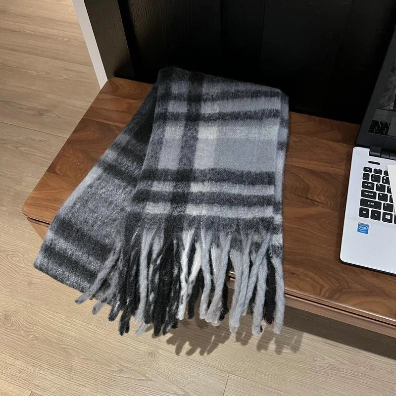 Rainbow Plaid Tassel Mohair Scarf Autumn And Winter Thickened Student Warm Scarf For Women