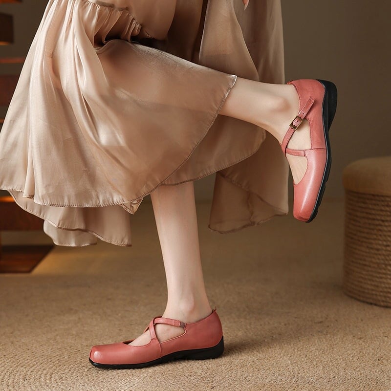 Square Toe Leather Mary Jane Ballet Flats with Cross Straps in Black/Red/Pink