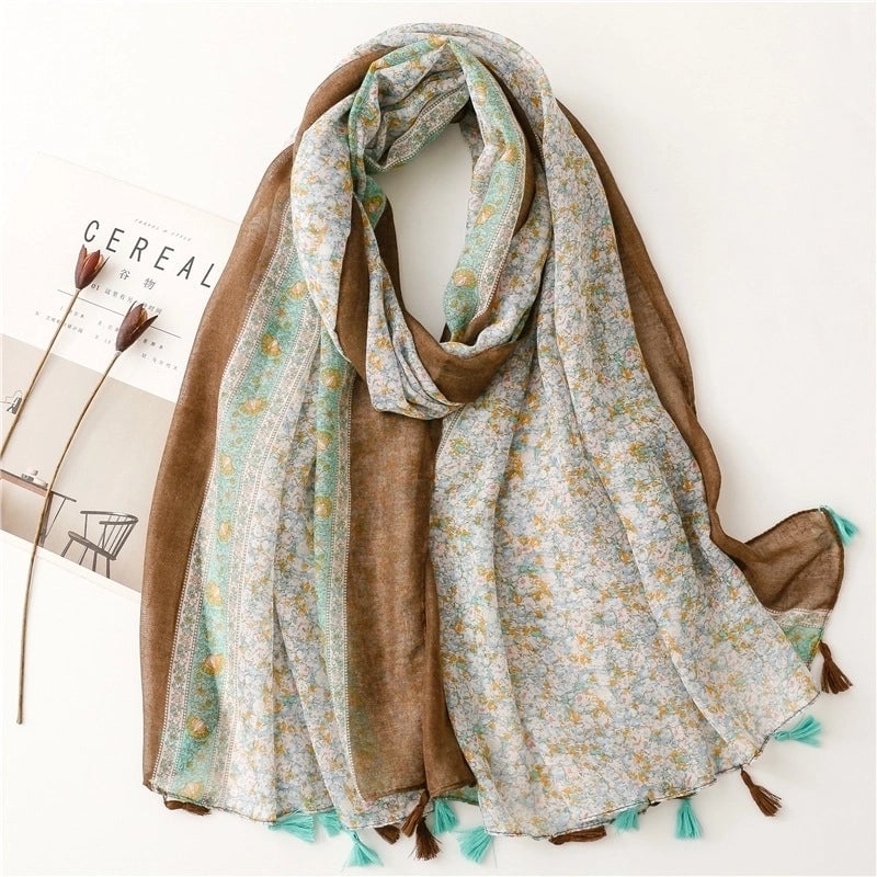 Yarn Cotton Fruit Green Bright Yellow Leaf Printing Tassel Scarf Shawl