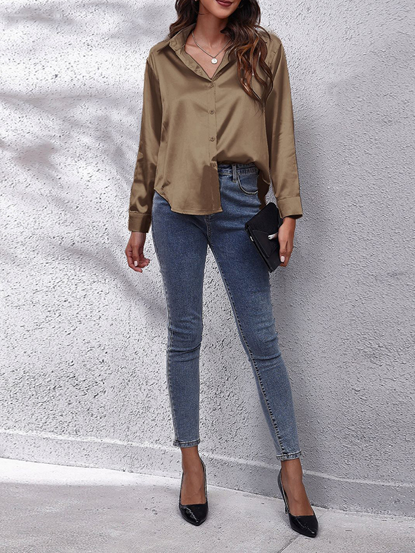 Long Sleeves Loose Solid Color Lapel Blouses&Shirts Tops