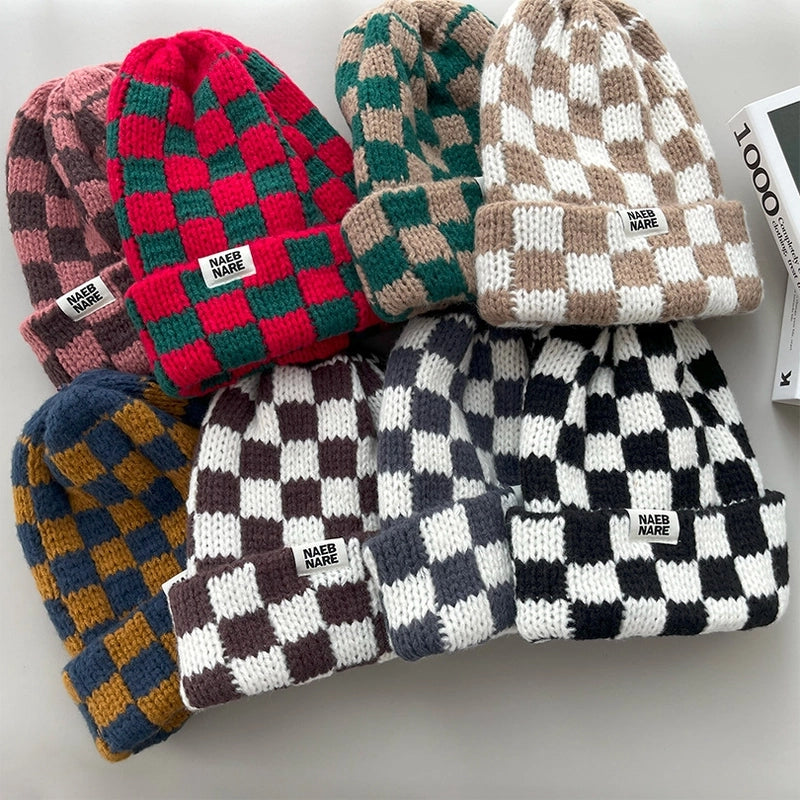 Women's Basic Retro Plaid Eaveless Wool Cap