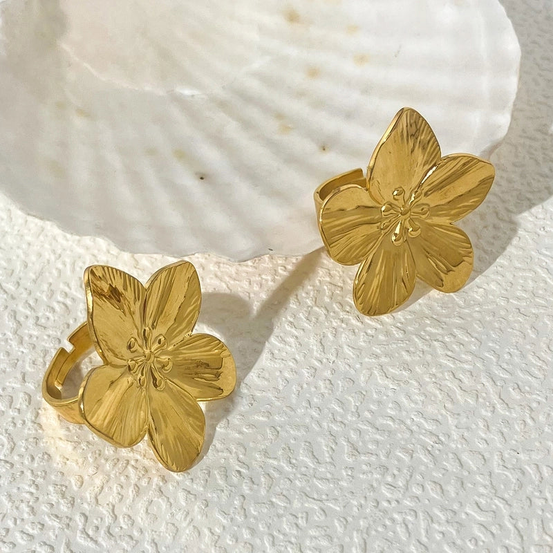 Vintage Style Flower 304 Stainless Steel 14K Gold Plated Plating Open Ring