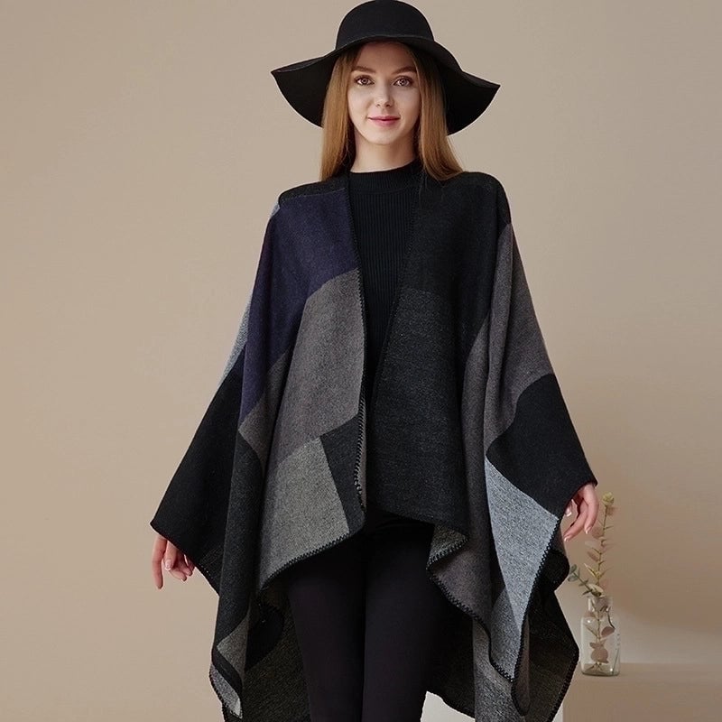 Winter Cashmere Double-sided Plaid Shawl Women's Outer Cape Increased Thickness Warm Knitted Scarf Spot